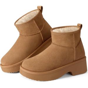 SHIBEVER Winter Ankle Boots Women Platform Suede Snow Booties Warm Fur Anti-Slip Waterproof Comfortable Outdoor Shoes(Chestnut)