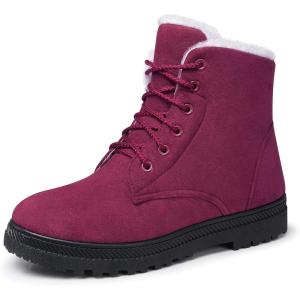 SHIBEVER Winter Snow Boots for Women: Warm Fur Lined Ankle Boots Comfortable Suede Lace Up Booties Cute Flat Shoes(Burgundy)