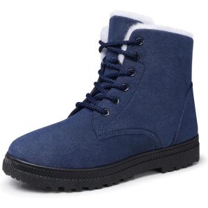 SHIBEVER Winter Snow Boots for Women: Warm Fur Lined Ankle Boots Comfortable Suede Lace Up Booties Cute Flat Shoes(Dark Blue)