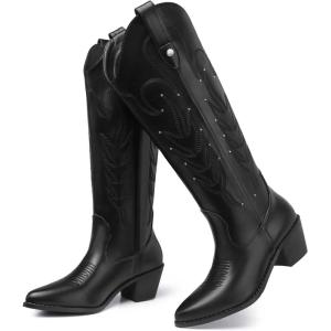 SHIBEVER Women’s Cowgirl Boots Knee-High: Black Womens Wide Calf Boots Pointed Toe Pull On Metallic Long Comfortable Leather Cute Boot Size 9