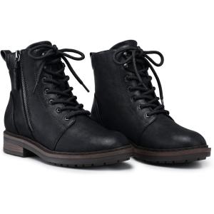 SHIBEVER Ankle Boots for Women Comfortable Lace-up Fall Fashion Combat Boots 2025 Low Heel Lug Sole Zipper Short Booties(Black)