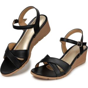 SHIBEVER Womens Sandals Wedge Low: Buckle Ankle Strap Wedge Sandal – Dressy Sandals Women – Comfortable Summer(90-black)