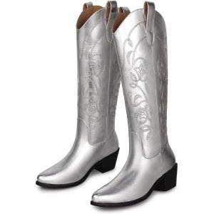 SHIBEVER Cowboy Cowgirl Boots for Women: Women’s Knee-High Boots Wide Calf Tall Chunky Heel Embroidered Western Botas Silver 8