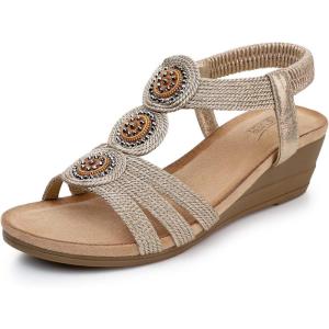 SHIBEVER Womens Sandals Wedge Low: Elastic Ankle Strap Wedge Sandal – Dressy Sandals Women – Comfortable Open Toe Champagne Size 8