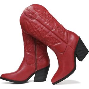 SHIBEVER Cowgirl Boots for Womens Western: Cowboy Pointy Toe Chunky Heel Embroidered Mid Calf Boot with Side Zipper(Red)