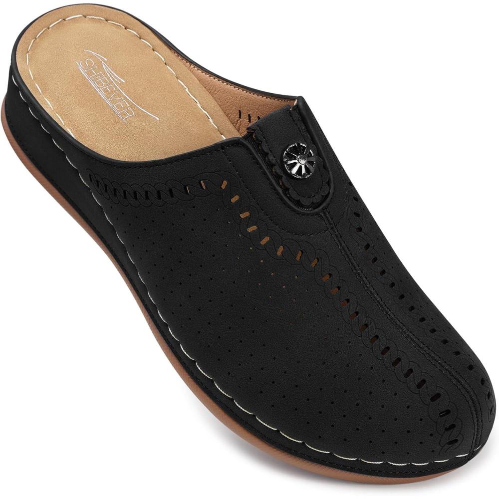 image:imageSHIBEVER Clogs for Womens Mules Shoes SlipOn Flat Mule Shoes  Closed Toe Sandals Comfortable77black