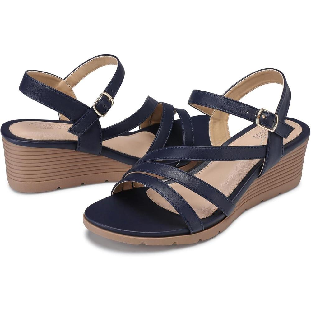 image:imageSHIBEVER Wedge Sandals for Women Dressy Summer Low Wedges Womens Comfortable Open Toe Sandal54 Blue