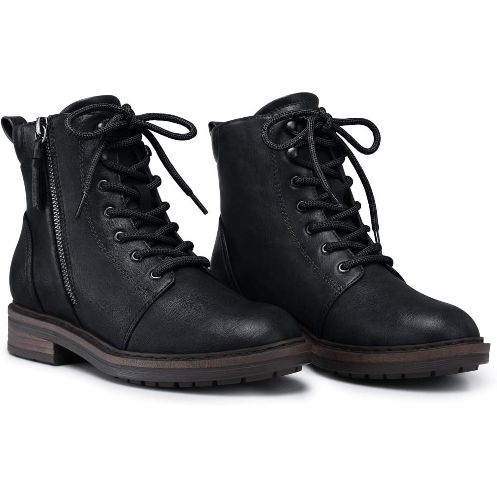 image:imageSHIBEVER Ankle Boots for Women Comfortable Laceup Fall Fashion Combat Boots 2026 Low Heel Lug Sole Zipper Short BootiesBlack