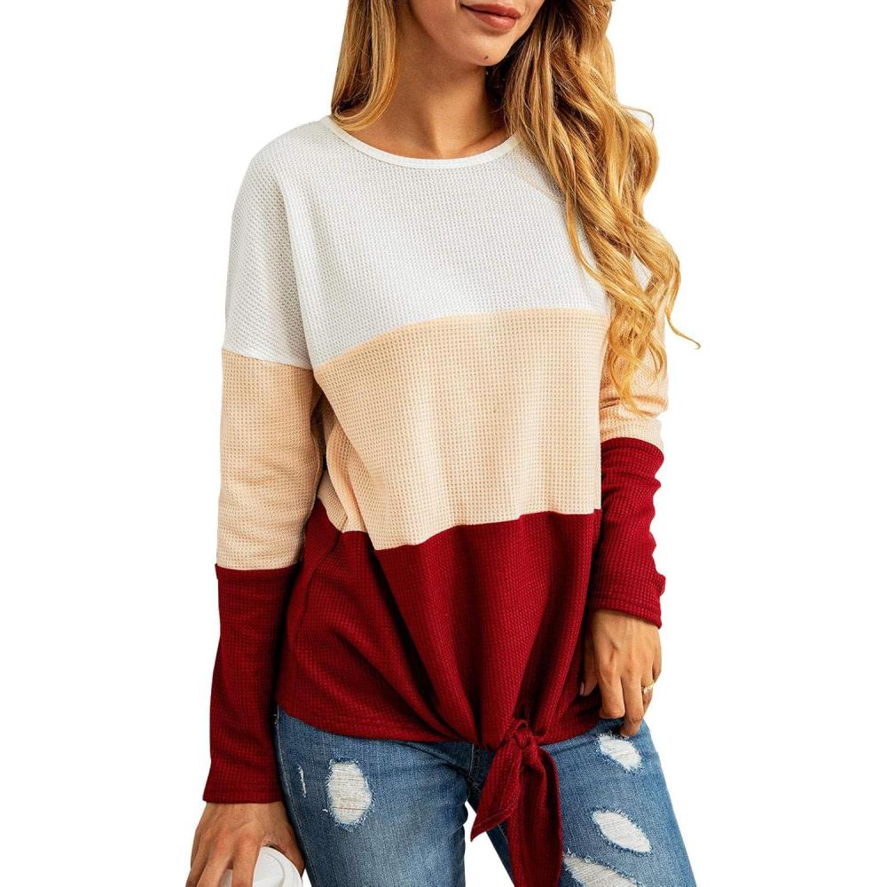 image:imageSHIBEVER Women Waffle Knit Shirts Tops Tie Knot Tee Blouses Casual Color Block Long Sleeve Loose Fit Pullover Sweaters Burgundy S