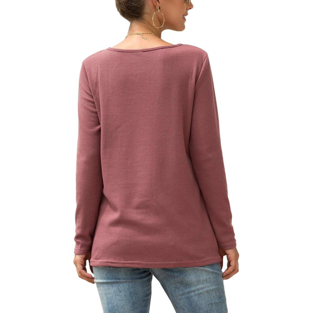 image:imageSHIBEVER Womens Casual Waffle Knit Shirts Blouses Cute Long Sleeve Lace Twist Knot Front Henley Pullover Tunic Tops Burgundy S