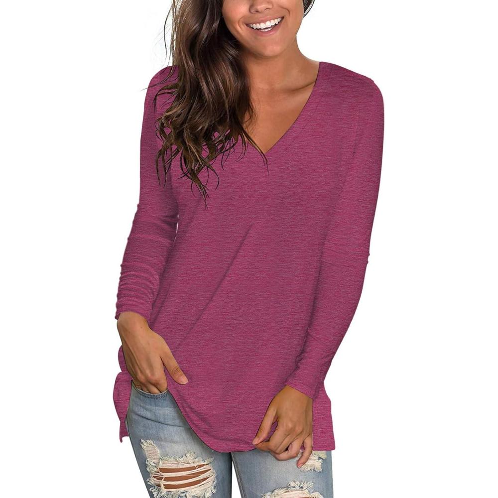 image:imageSHIBEVER Womens Long Sleeve Tunic V Neck Top Casual Loose Tunics TShirts Fall Tops Blouse Wine Red M