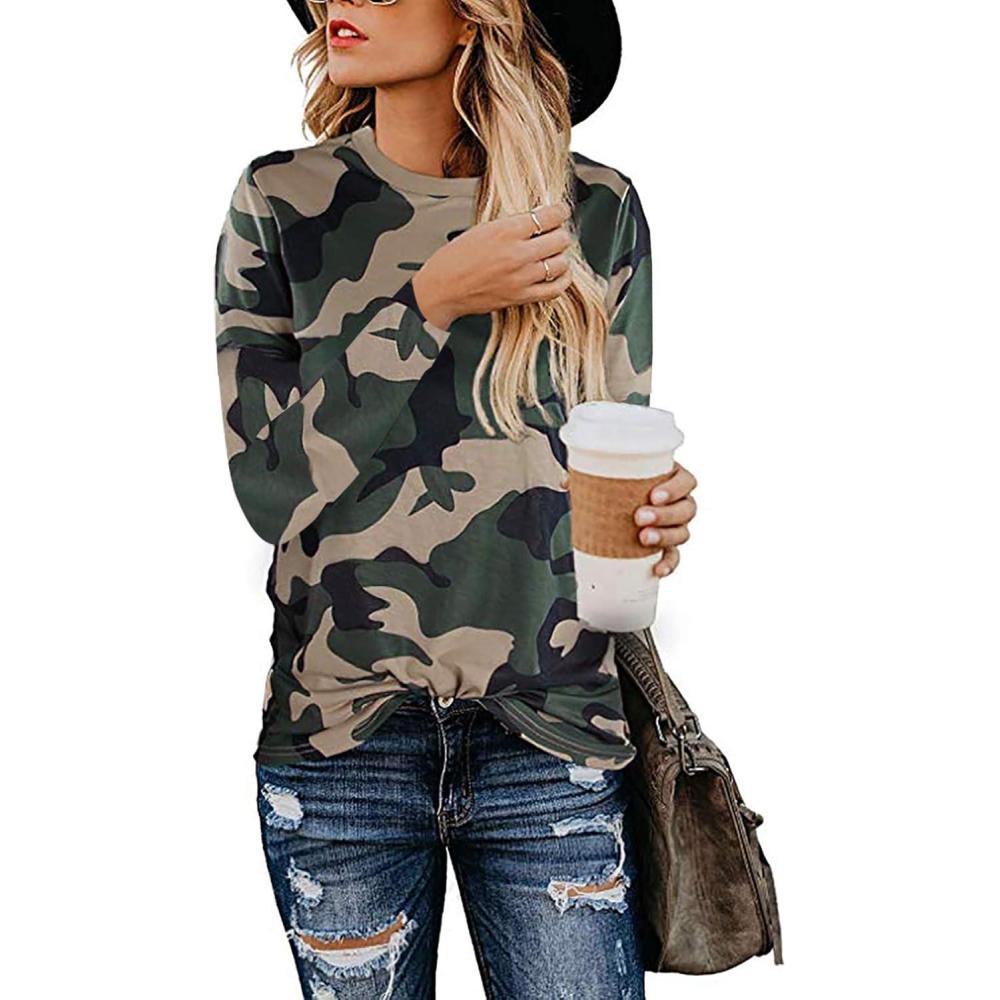 image:imageSHIBEVER Womens T Shirts Leopard Print Long Sleeve Tops Casual Cute Round Neck Side Twist Knotted Blouses Tunics Outfits Camouflage L