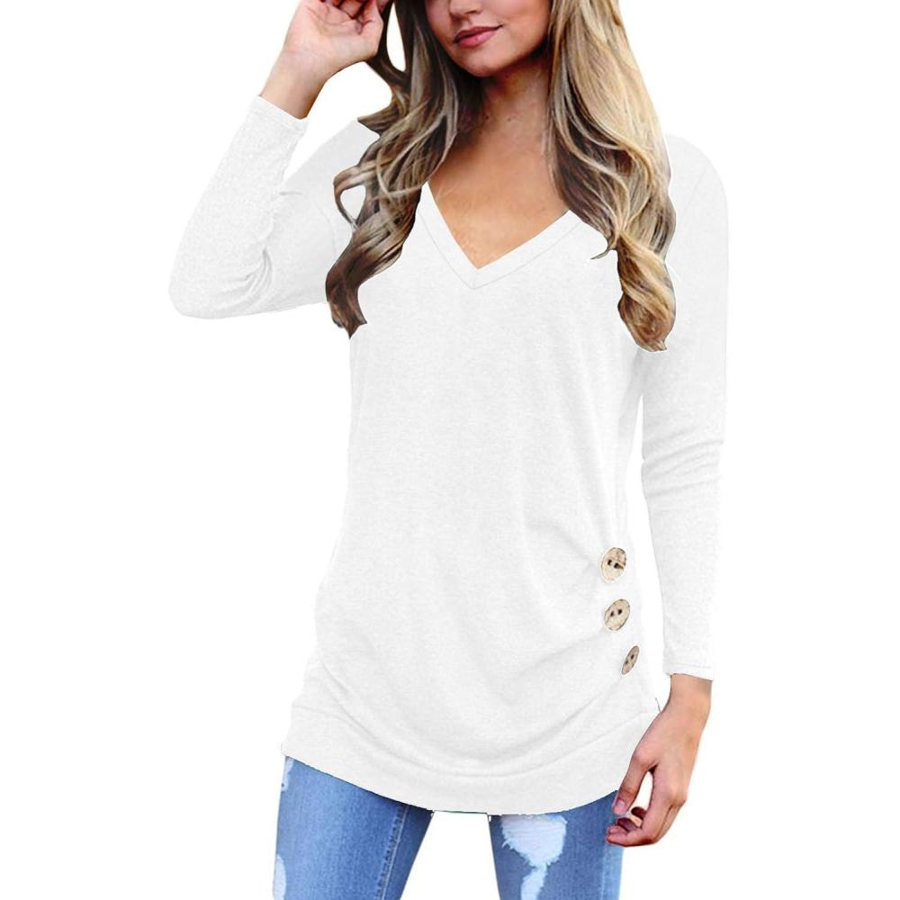 image:imageSHIBEVER Womens Tops Long Sleeve V Neck Casual Shirts Tunic T Shirt Blouse Tops with Side Buttons Decor White S