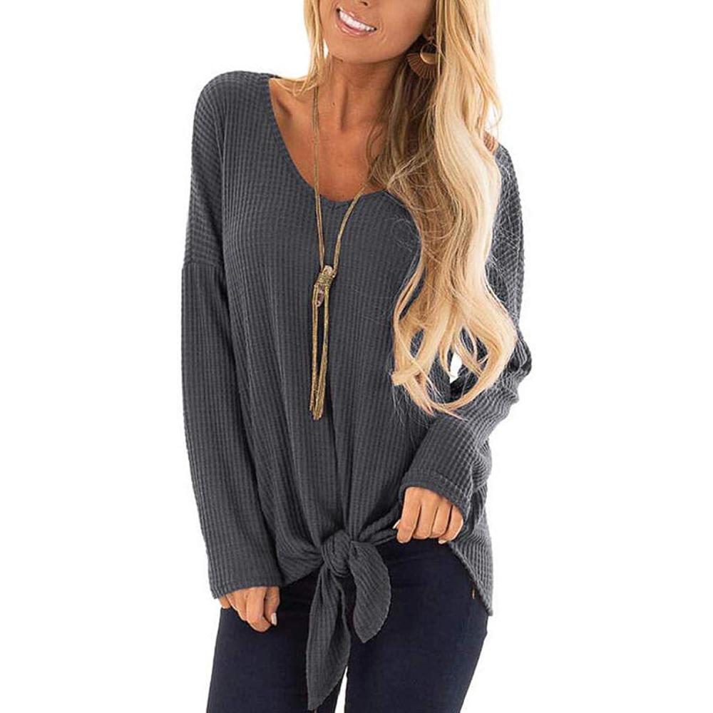 image:imageSHIBEVER Womens Tops Waffle Knit Shirts V Neck Tunic Tie Front Knot Bat Wing Long Sleeve Blouses Dark Gray S