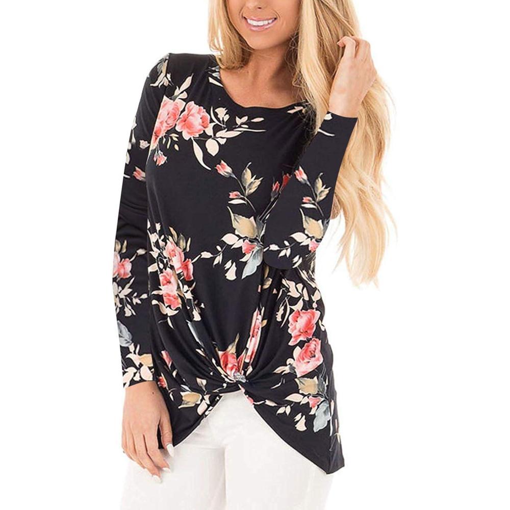 image:imageWomens Long Sleeve Tunic Tops Floral Print Twist Knotted T Shirts Round Neck Tee Blouse Floral Black L
