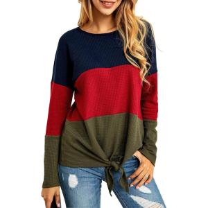 SHIBEVER Women Waffle Knit Shirts Tops Tie Knot Tee Blouses Casual Color Block Long Sleeve Loose Fit Pullover Sweaters Army Green M