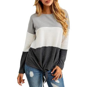 SHIBEVER Women Waffle Knit Shirts Tops Tie Knot Tee Blouses Casual Color Block Long Sleeve Loose Fit Pullover Sweaters Grey S