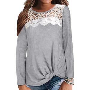 SHIBEVER Womens Casual Waffle Knit Shirts Tunic Sexy V Neck Tie Front Knot Bat Wing Long Sleeve Tops Blouses