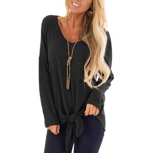 SHIBEVER Womens Casual Waffle Knit Shirts Tunic Sexy V Neck Tie Front Knot Bat Wing Long Sleeve Tops Blouses Black L