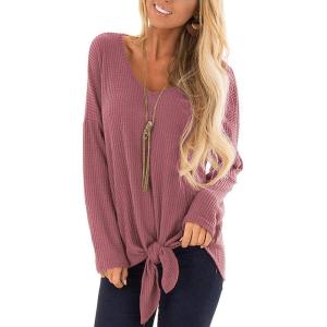 SHIBEVER Womens Casual Waffle Knit Shirts Tunic Sexy V Neck Tie Front Knot Bat Wing Long Sleeve Tops Blouses Pink M