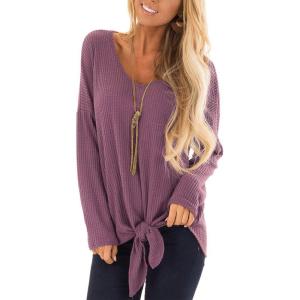 SHIBEVER Womens Casual Waffle Knit Shirts Tunic Sexy V Neck Tie Front Knot Bat Wing Long Sleeve Tops Blouses Purple L