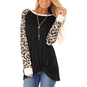 SHIBEVER Women’s Leopard Print Tops Shirts Long Sleeve Comfy Twist Knotted Side Round Neck Blouses Tunic Outfits Black Leopard M