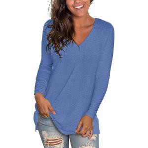 SHIBEVER Womens Long Sleeve Tunic V Neck Top Casual Loose Tunics T-Shirts Fall Tops Blouse Blue L