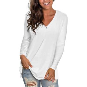 SHIBEVER Womens Long Sleeve Tunic V Neck Top Casual Loose Tunics T-Shirts Fall Tops Blouse White L
