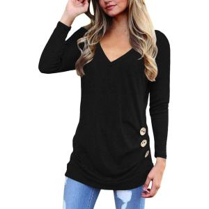SHIBEVER Women’s Tops Long Sleeve V Neck Casual Shirts Tunic T Shirt Blouse Tops with Side Buttons Decor Black XL