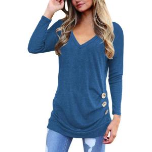 SHIBEVER Women’s Tops Long Sleeve V Neck Casual Shirts Tunic T Shirt Blouse Tops with Side Buttons Decor Blue M