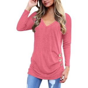 SHIBEVER Women’s Tops Long Sleeve V Neck Casual Shirts Tunic T Shirt Blouse Tops with Side Buttons Decor Pink XL