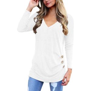 SHIBEVER Women’s Tops Long Sleeve V Neck Casual Shirts Tunic T Shirt Blouse Tops with Side Buttons Decor White S