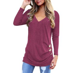 SHIBEVER Women’s Tops Long Sleeve V Neck Casual Shirts Tunic T Shirt Blouse Tops with Side Buttons Decor Wine Red XL