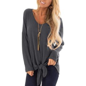 SHIBEVER Womens Tops Waffle Knit Shirts V Neck Tunic Tie Front Knot Bat Wing Long Sleeve Blouses Dark Gray S