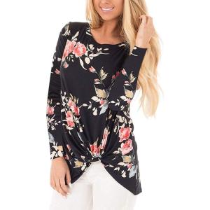 Women’s Long Sleeve Tunic Tops Floral Print Twist Knotted T Shirts Round Neck Tee Blouse Floral Black L