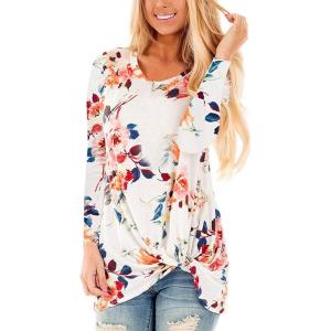 Women’s Long Sleeve Tunic Tops Floral Print Twist Knotted T Shirts Round Neck Tee Blouse Floral White 2XL