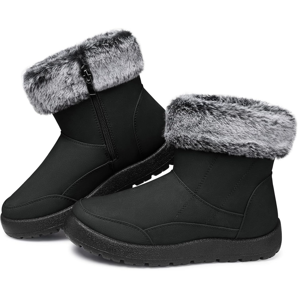 image:imageSHIBEVER Winter Boots for Women Snow Waterproof Slip On Fur Woman Snow Boots Black Size 11  Walking Comfortable Warm Shoes