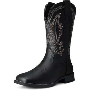 SHIBEVER Women’s Mid-Calf Cowboy Boots: Square Toe Wide Embroidered Pull On Western Cowgirl Women Boots(Black)