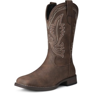 SHIBEVER Women’s Mid-Calf Cowboy Boots: Square Toe Wide Embroidered Pull On Western Cowgirl Women Boots(Dark Brown)
