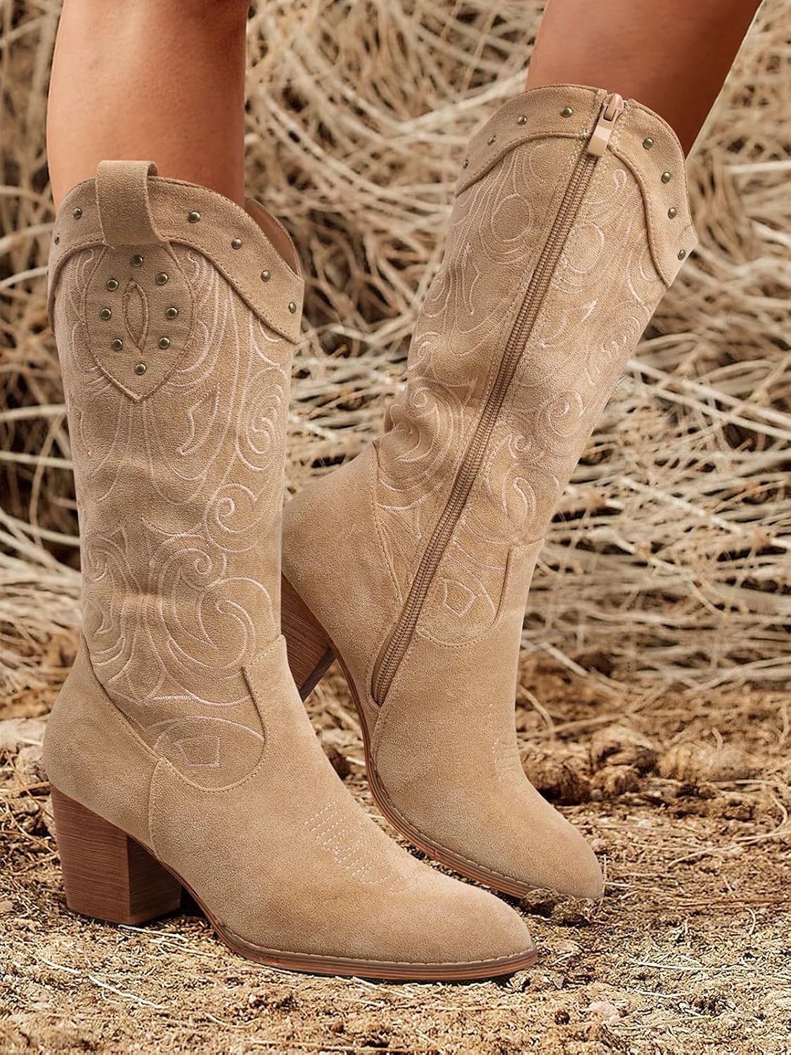image:imageSHIBEVER Cowboy Cowgirl Boots for Women Western Pointed Toe Chunky Heel Suede Embroidered Classic Mid Calf Womens Cowgirl Boot with ZipperApricot