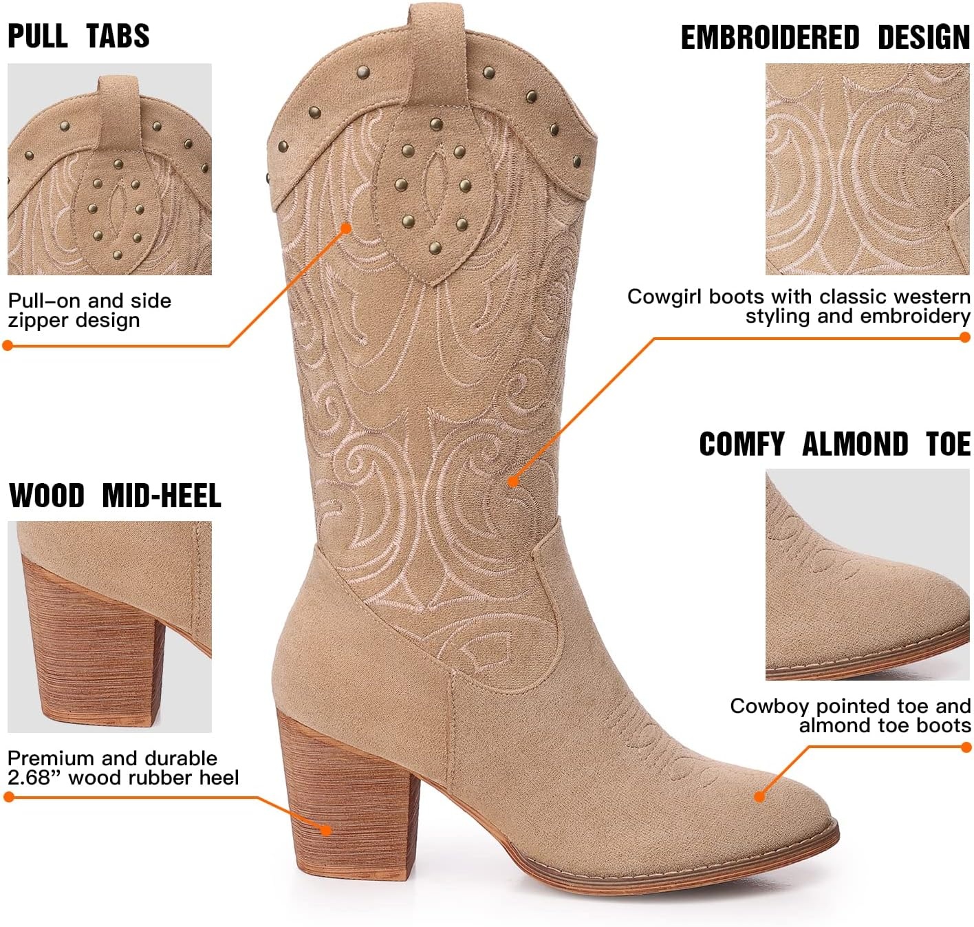 image:imageSHIBEVER Cowboy Cowgirl Boots for Women Western Pointed Toe Chunky Heel Suede Embroidered Classic Mid Calf Womens Cowgirl Boot with ZipperApricot