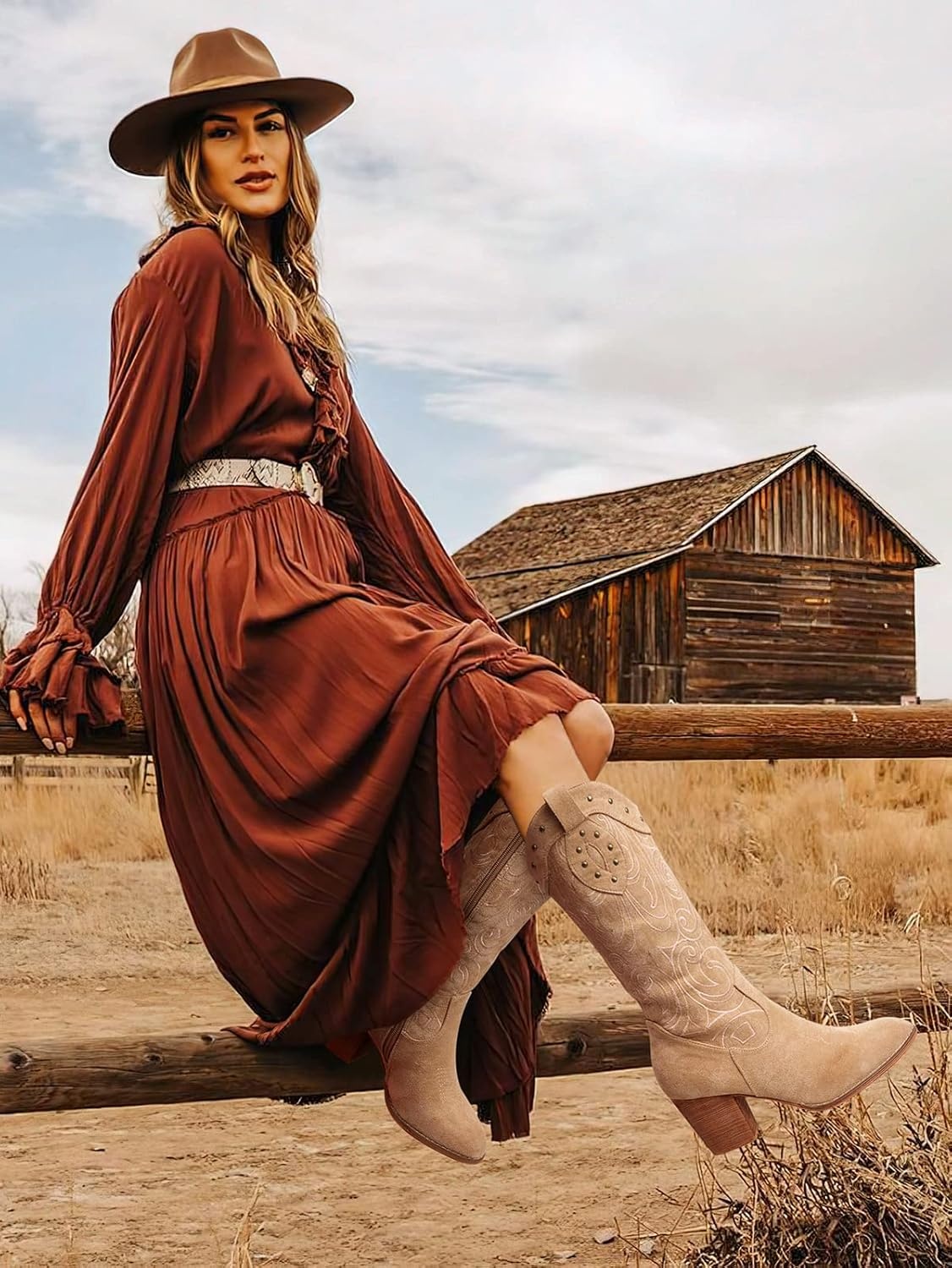 image:imageSHIBEVER Cowboy Cowgirl Boots for Women Western Pointed Toe Chunky Heel Suede Embroidered Classic Mid Calf Womens Cowgirl Boot with ZipperApricot