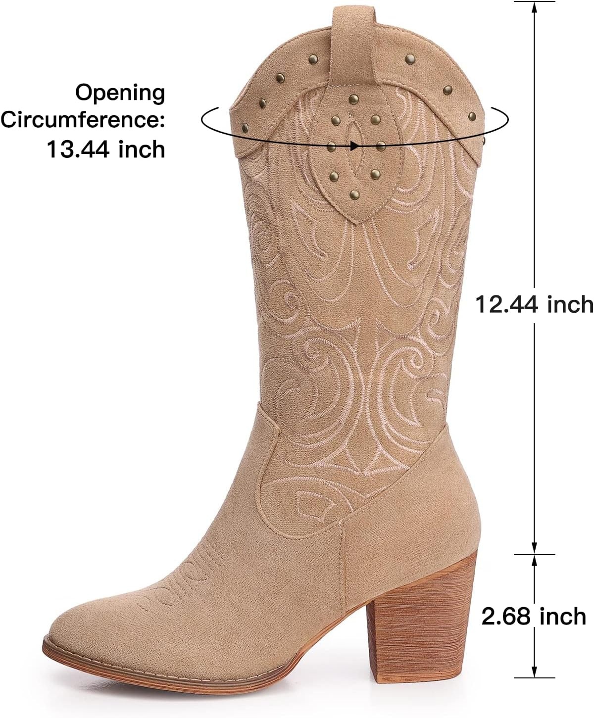 image:imageSHIBEVER Cowboy Cowgirl Boots for Women Western Pointed Toe Chunky Heel Suede Embroidered Classic Mid Calf Womens Cowgirl Boot with ZipperApricot