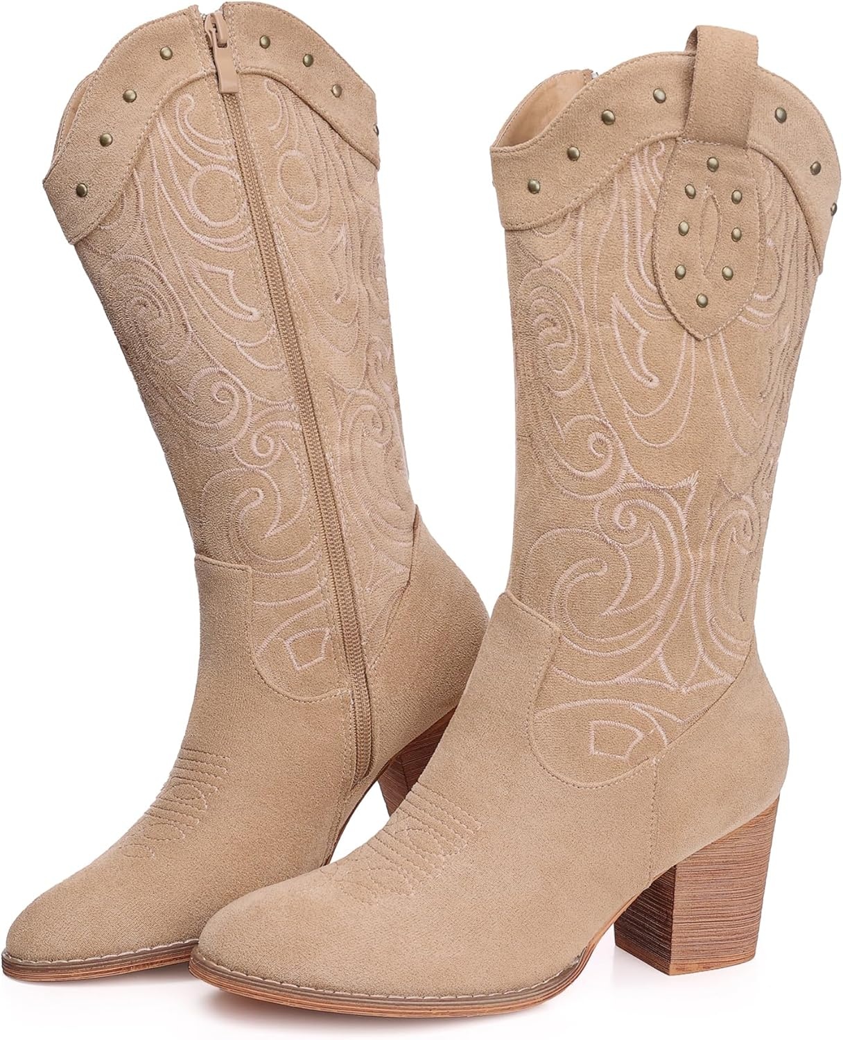 image:imageSHIBEVER Cowboy Cowgirl Boots for Women Western Pointed Toe Chunky Heel Suede Embroidered Classic Mid Calf Womens Cowgirl Boot with ZipperApricot