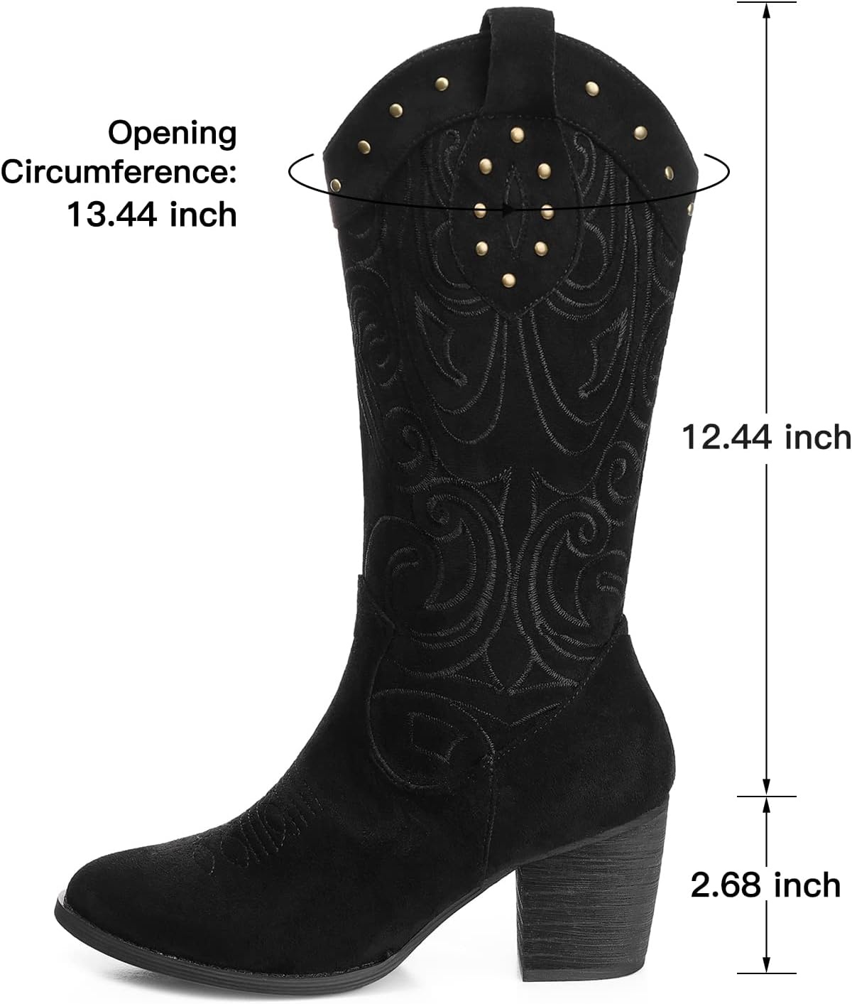 image:imageSHIBEVER Cowboy Cowgirl Boots for Women Western Pointed Toe Chunky Heel Suede Embroidered Classic Mid Calf Womens Cowgirl Boot with ZipperBlack