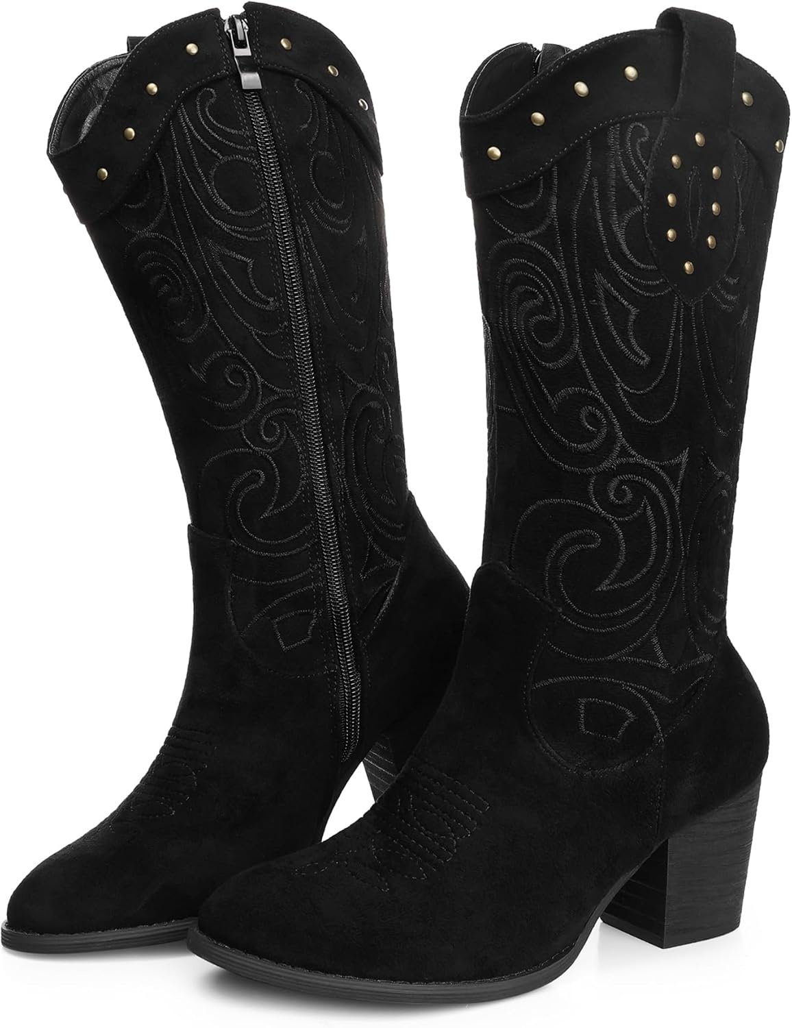 image:imageSHIBEVER Cowboy Cowgirl Boots for Women Western Pointed Toe Chunky Heel Suede Embroidered Classic Mid Calf Womens Cowgirl Boot with ZipperBlack