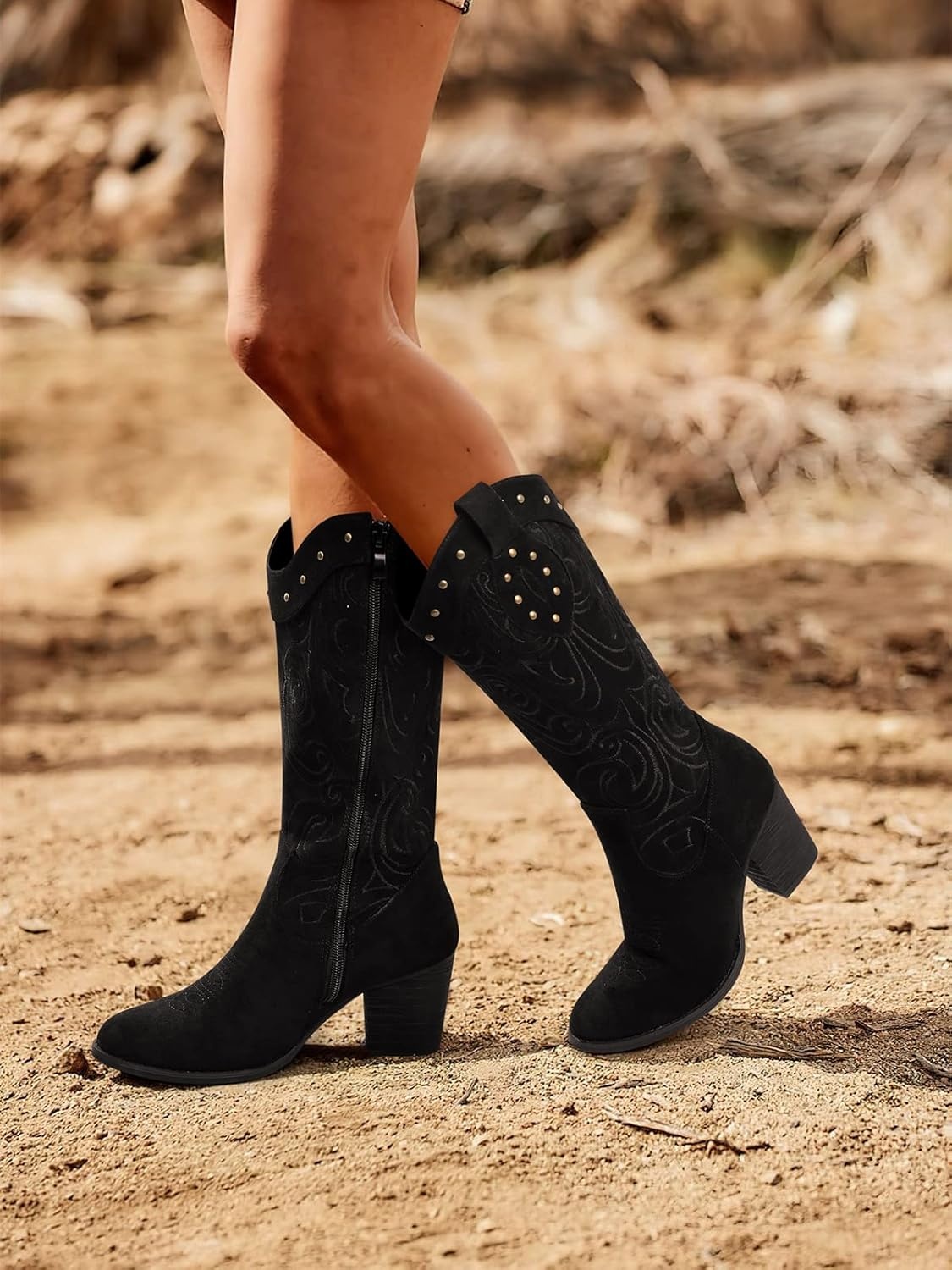 image:imageSHIBEVER Cowboy Cowgirl Boots for Women Western Pointed Toe Chunky Heel Suede Embroidered Classic Mid Calf Womens Cowgirl Boot with ZipperBlack