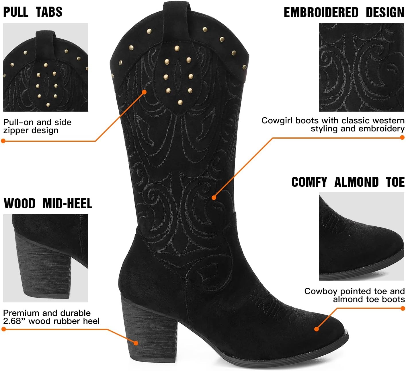 image:imageSHIBEVER Cowboy Cowgirl Boots for Women Western Pointed Toe Chunky Heel Suede Embroidered Classic Mid Calf Womens Cowgirl Boot with ZipperBlack