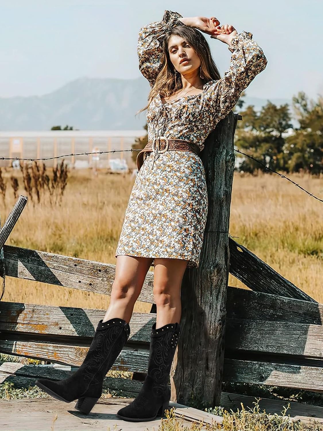 image:imageSHIBEVER Cowboy Cowgirl Boots for Women Western Pointed Toe Chunky Heel Suede Embroidered Classic Mid Calf Womens Cowgirl Boot with ZipperBlack