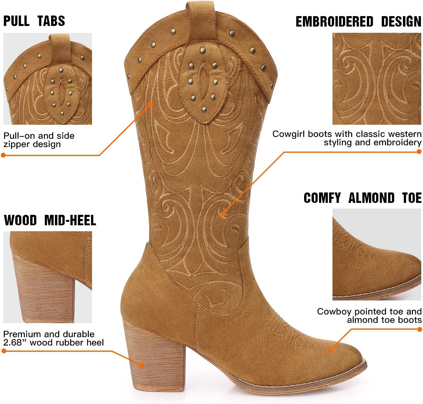 image:imageSHIBEVER Cowboy Cowgirl Boots for Women Western Pointed Toe Chunky Heel Suede Embroidered Classic Mid Calf Womens Cowgirl Boot with ZipperBrown